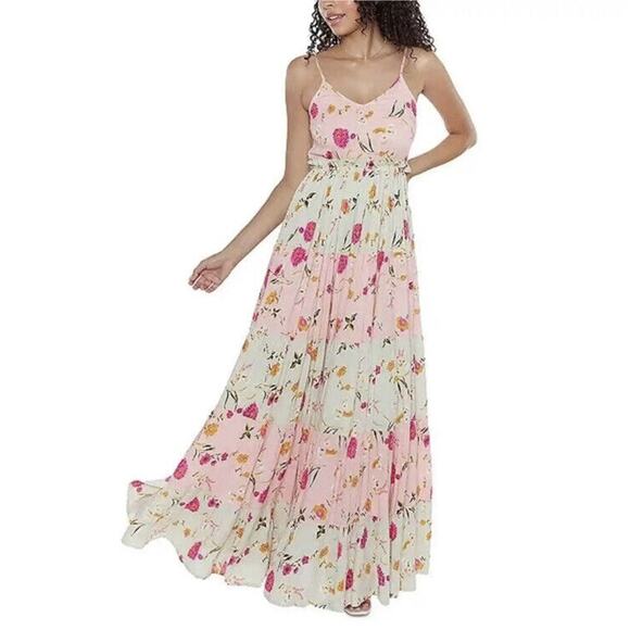 RAGA NWT Flores Tiered Floral Bloom Maxi A Line Dress Pastel Colors Sz S Ruffle - Picture 1 of 7
